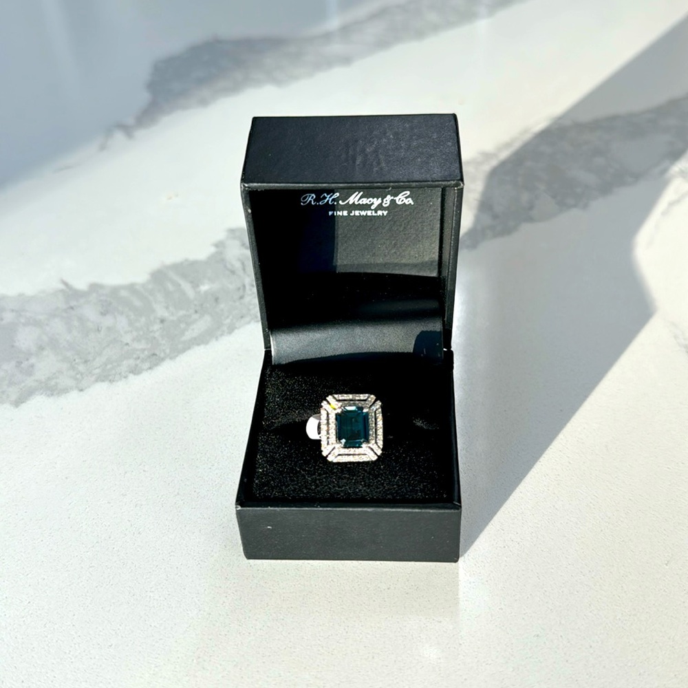 Blue Topaz Emerald-Cut Ring with Diamond Accents - Picture 2 of 4